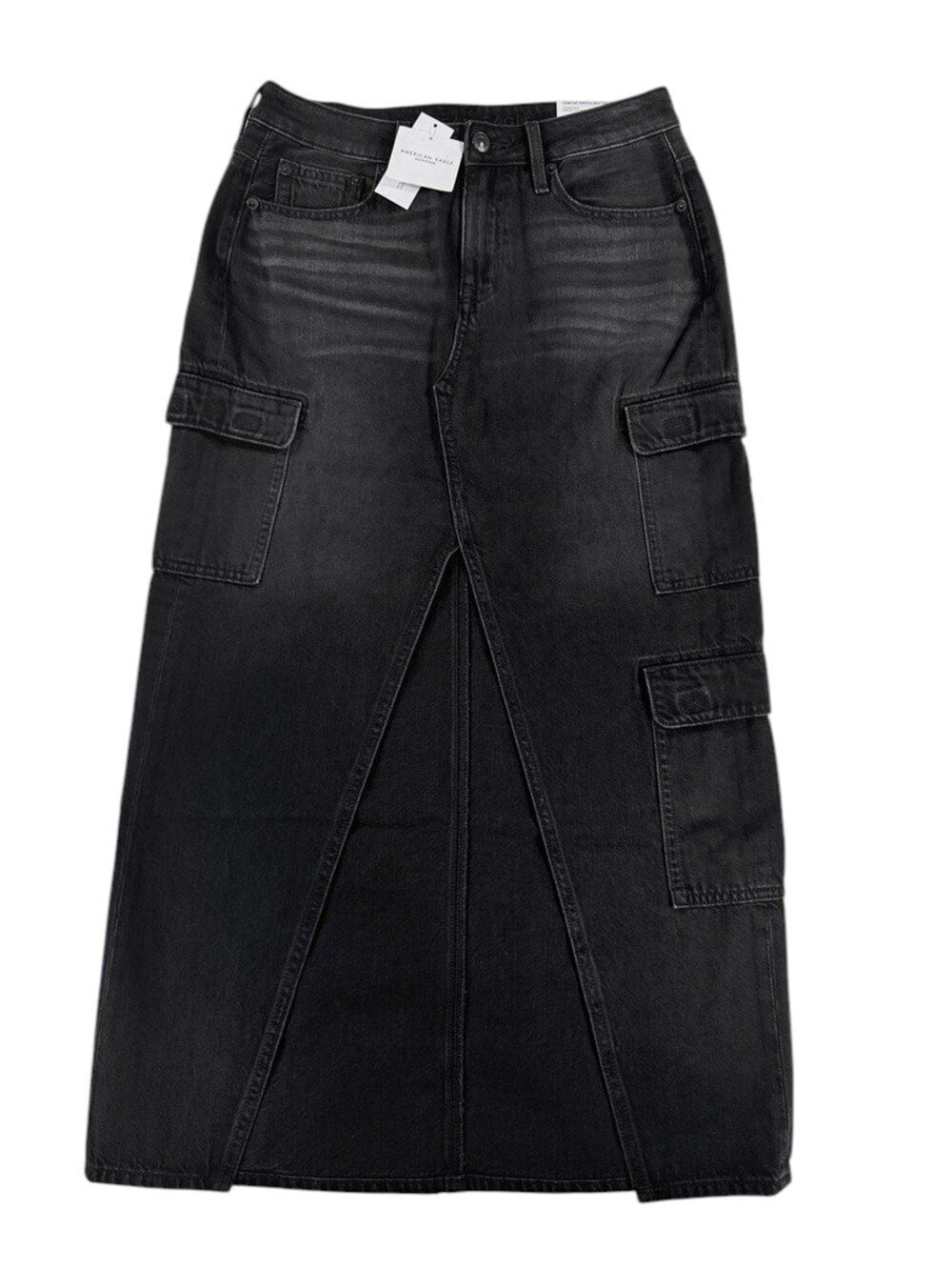Women's American Eagle Black Low Rise Cargo Maxi Denim Skirt Size 0 25W NWT